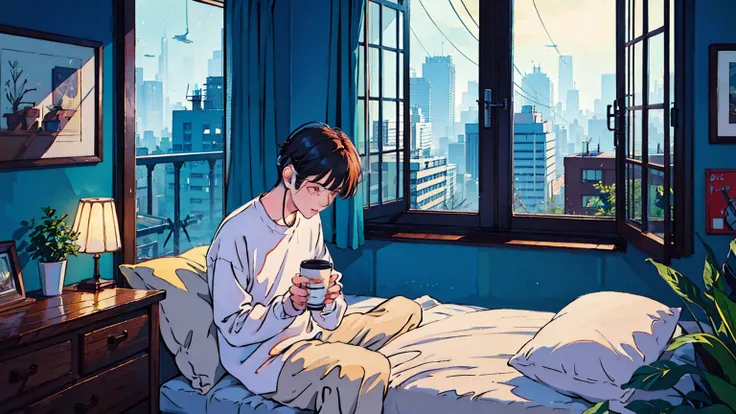 Lofi Song,boy, sitting on the bed. looking at the window, having a coffee. listening to music on headphones, while looking out the window and seeing the rain falling
