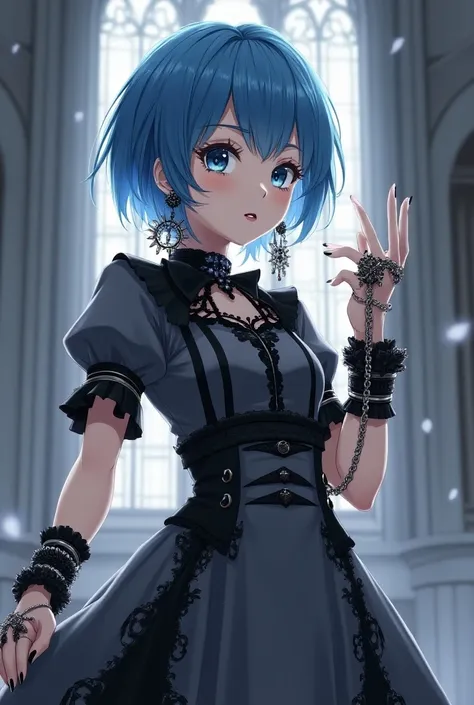 anime,  womens short blue hair , blue eyes, many bracelets , earrings,  gray gothic dress with black details plus chains,  gothic makeup , by day, black lips, black eye shadow , a cathedral in the background .