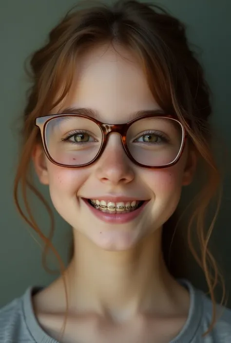 Generate an image of a 14-year-old girl with pimples on her glasses and braces and brown