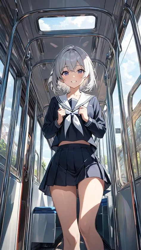  1 girl, solo,  Hi-Res, chest, smile,  shortcuts,  Silver Hair, Hi-Res, masterpiece,  shortcuts, Aperture F1.2,Fair skin,anime, slender, good style,young, inside the tram, high school students,uniform,morning, angle from below,underwear, sailor suit