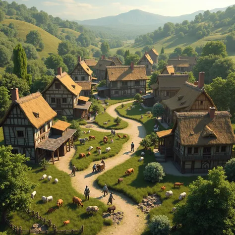 Natural 3D image in early Renaissance style, of a lush and beautiful village with farm animals