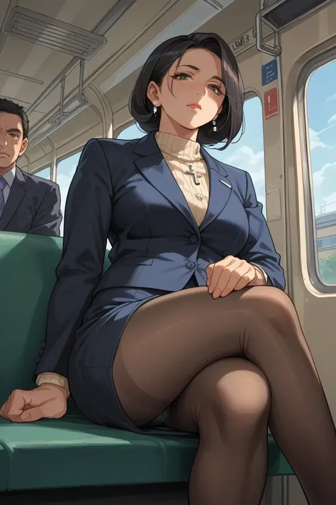 score_9, score_8_up, score_7_up, source_anime, 1 mature woman, black hair, Panty shot, train, Sit in seat, low position, (from front), pantyhose, lift up the skirt, (look down on and ridicule), business suit, cross legs