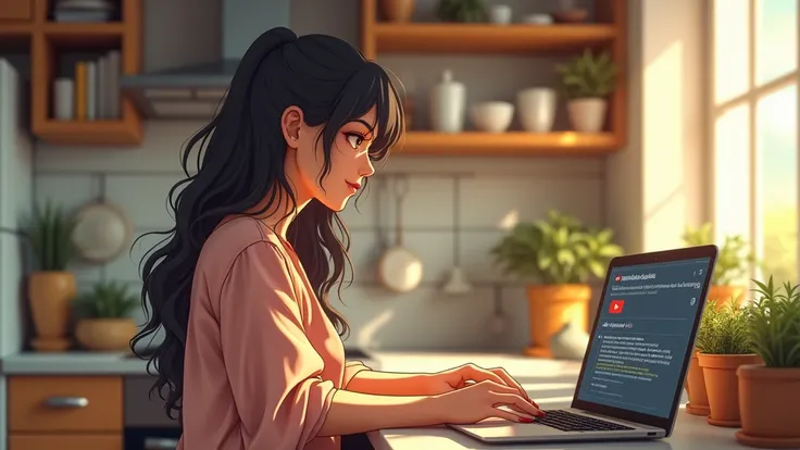 anime style: Incredibly realistic and highly detailed, anime cinematic photo of very beautiful woman in her 30s 
A bustling kitchen with a laptop propped up on the counter, showing a YouTube video about boundaries. The comment section is filled with suppor...