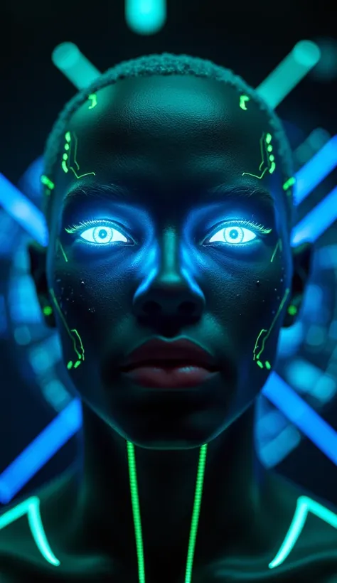 An ultra-realistic image of a futuristic, intelligent face representing the concept of "Genius of AI." The face, with both human features and digital elements, is partially illuminated by neon blue and green lights, creating a contrast between technology a...