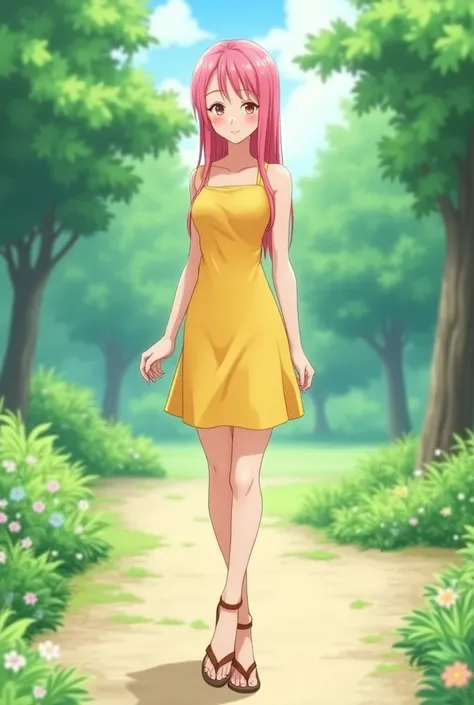 Draw in anime style a slim woman (beautiful, 8k:1.3), with straight pink hair, wearing a yellow knee-length dress, and sandals, background a park.