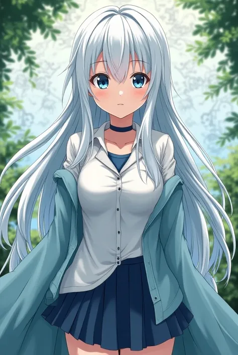 Women, long hair ,, blue-eyed color, medium breasts, white hair , ,  animated, ntr ,Long shirt, monbre flor ,amiga, school uniform 