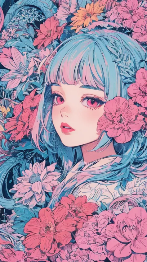 (ultra-  detailed background ,   detailed background ),   absurd,   high resolution down , Super detailed,   extremely detailed,   1 girl, Yae Miko,   Pink Hair,  Red eyes,Bright red lips, (bouquet:1.3), (Zentangle:1.2), (Geometric:1.2),( colorful ),red flowers dotted with , color accents ,