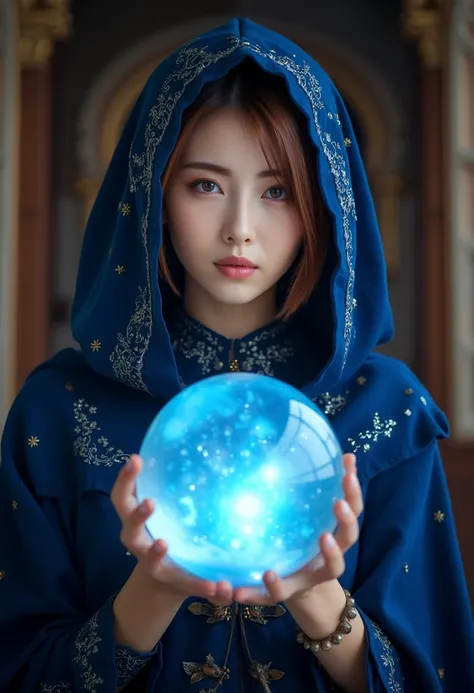 an asian Female fortune teller. Body and face orientation: frontal. Charming, beautiful and mysterious. She wears a blue cloak and has a clear face. Bright and glittering, full of anxiety and anticipation. The fortune teller is standing. He holds a slightl...