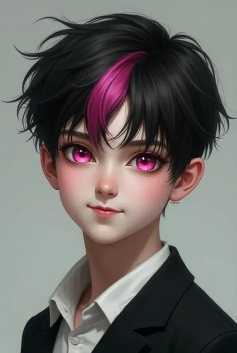  boy,  black hair with a single strand painted light pink, pale pink eyes , arrogant smile 

