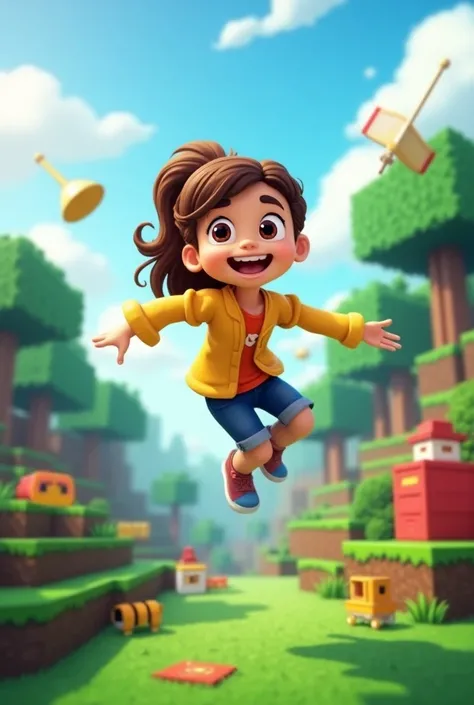 I WANT A MINECRAFT GAME CHARACTERS vertical the scenario must be SET IN THE GAME I need 1 character girl with the characteristics of the avatars of the roblox game THE CHARACTERS JUMPING SMILING, PLAY they are playing several games within the roblox world,...