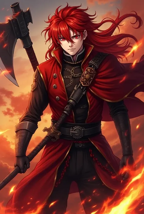 fantasy god ,  mens, red hair,  white skin and red eyes ,  represents destruction and he expresses it through fire , war and violence ,   but his concept is destruction ,  his clothing is red and black and his weapon is a war axe.  anime style.