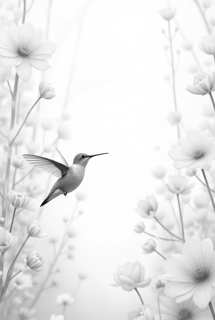  Beautiful and varied flowers drawn in pencil with a defined outline and fine line painted all white, a beautiful and lush forest painted all white , in which you can see a hummingbird painted white on a branch painted white with the outline defined in fin...