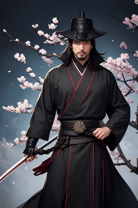 A Man, with black robes resembling a japanese samurai cloth, he has a katana in his waist, he is using a fisher bamboo helmet, he have medium sized black stylish hair, he is with a serious calm face, Black sharp eyes, He wears a white bandana covering only...