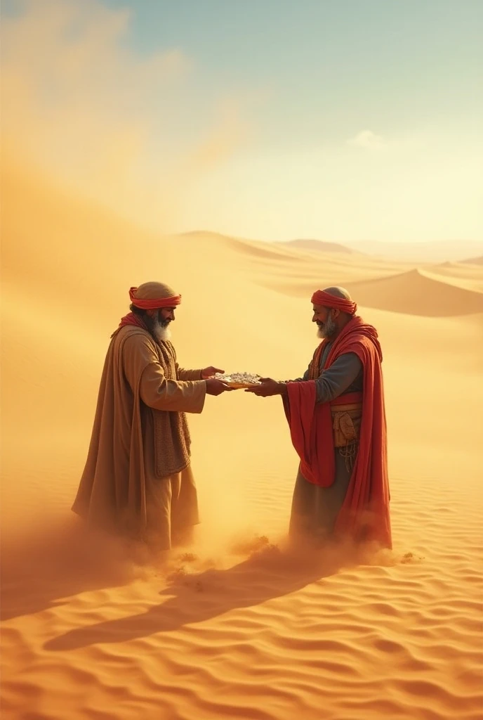  Make a merchant in the middle of the dunes in a desert exchanging some merchandise with another merchant, Show the merchandise to be changed from hand to hand,  makes an image showing the merchants in the distance and showing the enormous desert , zoom ou...