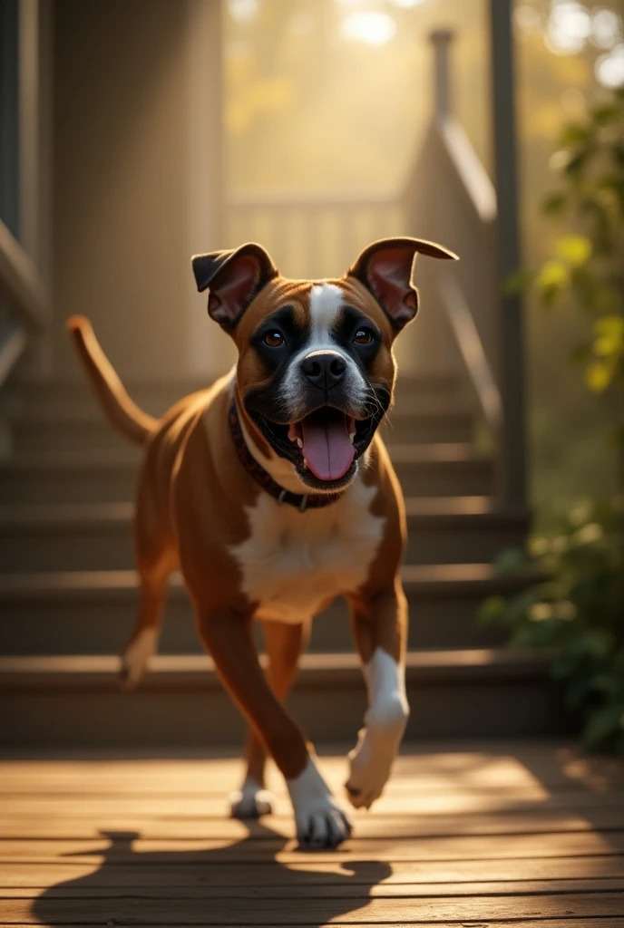 Boxer dog, drool, playful, looking at viewer, wooden porch, steps, very happy, tail wag, Cinematic Lighting, God Rays, head down, tail up, ready to pounce, Open Mouth, Tongue, Tongue Out, Masterpiece, 