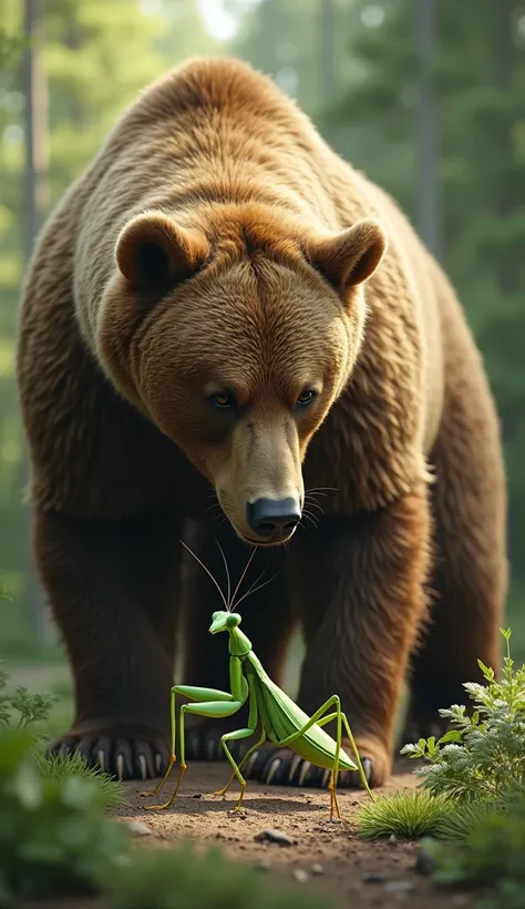 "A realistic scene featuring a bear and a praying mantis interacting in a natural outdoor setting. The bear appears large and robust with detailed fur, while the smaller praying mantis is perched nearby, displaying its slender legs and characteristic green...