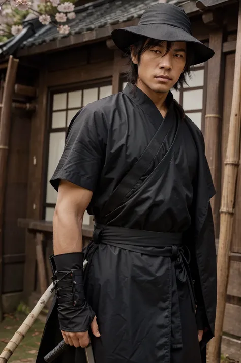 A Man, with black robes resembling a japanese samurai cloth, he has a katana in his waist, he is using a fisher bamboo helmet, he have medium sized black stylish hair, he is with a serious calm face, Black sharp eyes, He wears a white bandana covering only...