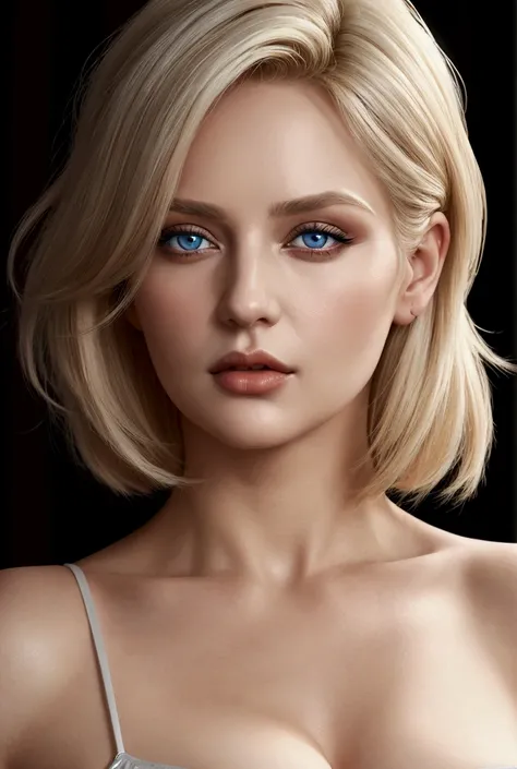 female older woman,do ramion  krótkie blonde hair, curvy figure, full lips, large seductive pose, detailed face and eyes, dramatic lighting, photorealistic, high quality, cinematic, elegant, sensual. 