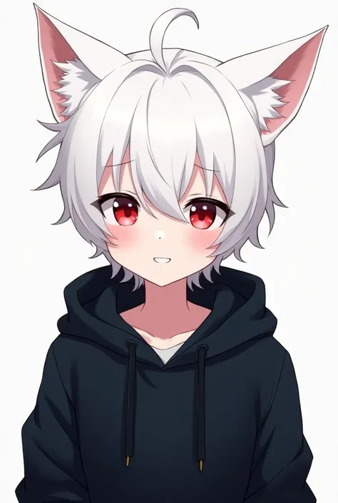 Cartoon cartoon male character white hair red eyes cat ears black hoodie half body background.