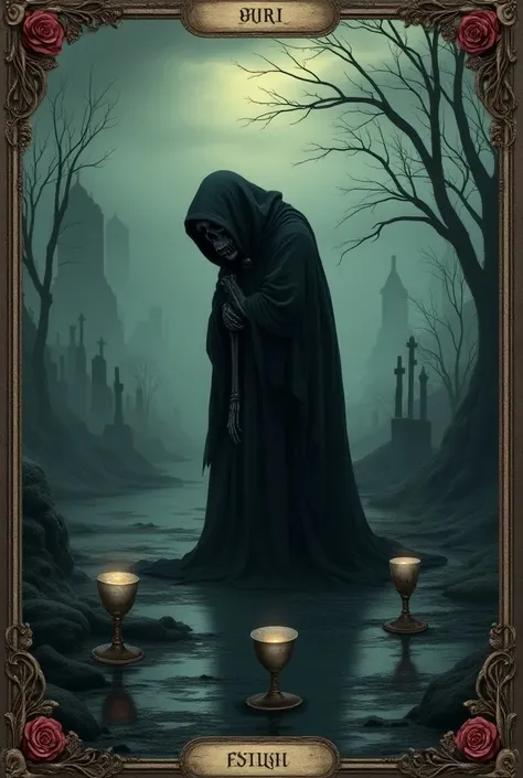 ((((((CINCO DE COPAS ESCRITO EN LA PARTE DE ABAJO)))))) ((WRITTEN TITLE: The Five of Cups)), ((FIVE OF CUPS)): CON CINCO COPAS
  "prompt": "A dark, gothic representation of The Five of Cups tarot card, emphasizing themes of grief, loss, and sorrow that lin...