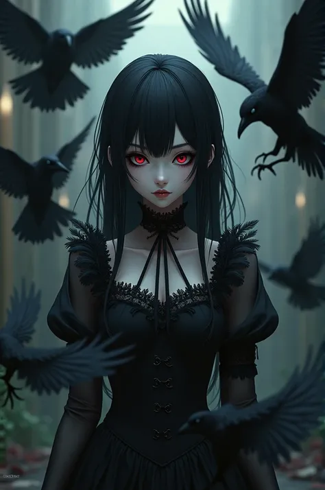 Goth anime girl with ravens
