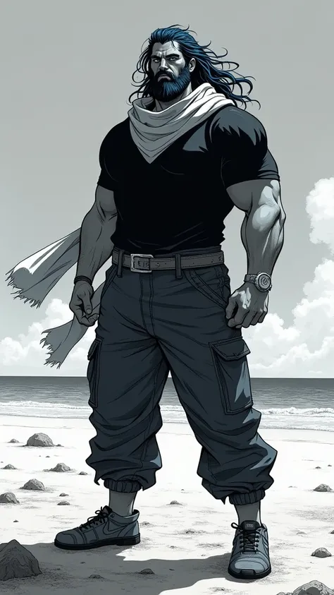 heres my description 
long hair, blue eyes , hair down style, black large t shirt and black cargo pants , big man (194cm/150kg) seinen manga style (black and white) 
keffiyeh, standing on the beach 