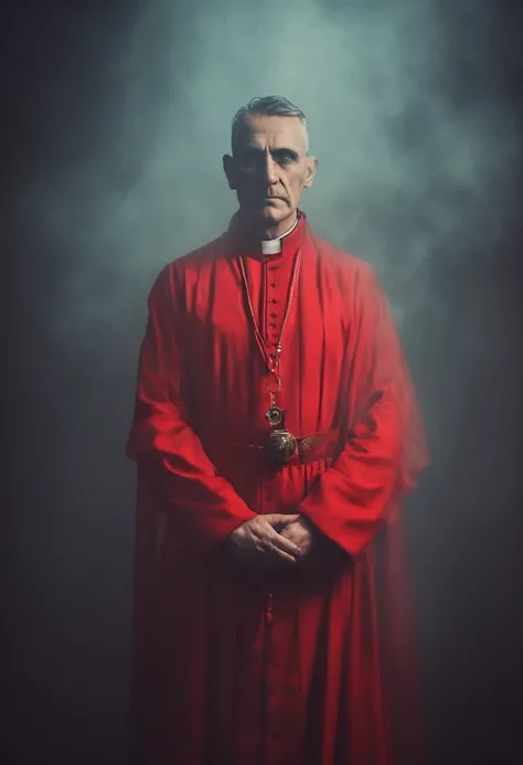 vintage photo  of an Exsorcist Priest in a red fog  atmosphere soft ciaro oscuro , cinematic compose, sharp focus, studio photo, intricate details, highly detailed clear eyes