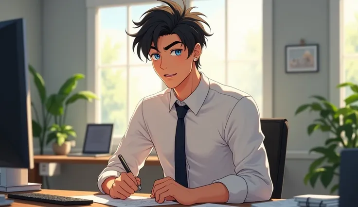 cansistant character Disney animation pixers handsome looking men eye blue with 25 years old Young Man white complexion messy anime haircut and wearing white shirt and black dressed pant with matching tie black shoes action he is working in his modernate o...