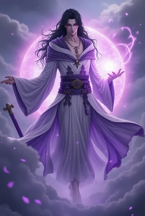 fantasy god sorcerer .  black-haired male , purple eyes,  white skin and great attractiveness , represents creation ,  harmony .  represents his power through things like law and justice and can change the rules that establish creation.  his weapon is a la...