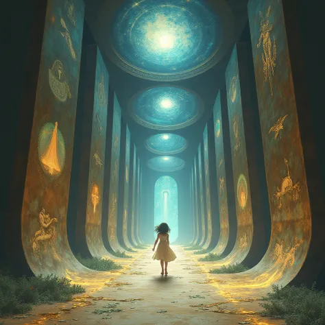  A small, pretty girl is walking into the dark ,  space-like long portal to the far end . and on both sides of the portal there are large panels one by one ,  with very detailed images of all the events in the girls life that will happen to her in the futu...