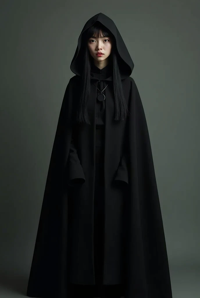  a full-body portrait of a young Asian witch， She is wearing a black robe and cape ， with long straight black hair and black eyes 。Her face is slightly long and narrow ，, her skin is white, and her expression is indifferent 。 She looks like the Chinese act...