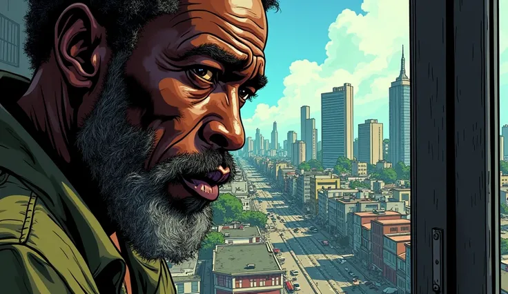 Close-Up of a Sorrowful Face: A Jamaican man staring out a window at a bustling, troubled city. Their expression reflects sadness and worry, emphasizing "so much trouble in the world," illustrated in a comic book style, cartoon style