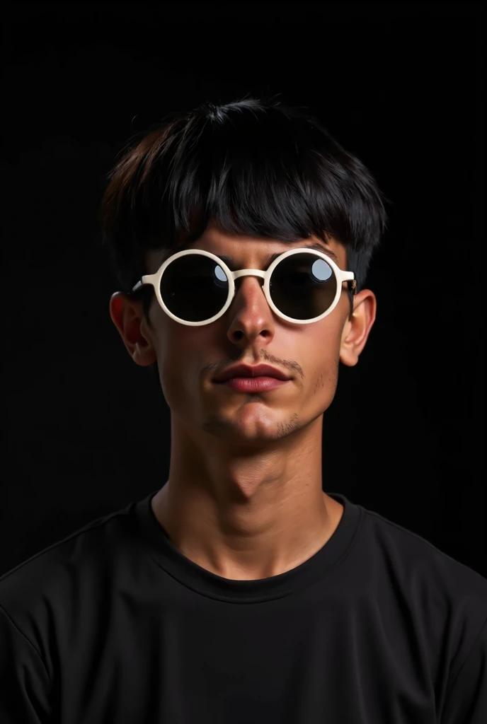  Create a portrait of a young man with light brown skin like that of the indigenous people. . He is wearing round sunglasses and has very short straight social black hair. creating an interesting visual effect. The portrait is striking ,  typical of high-r...