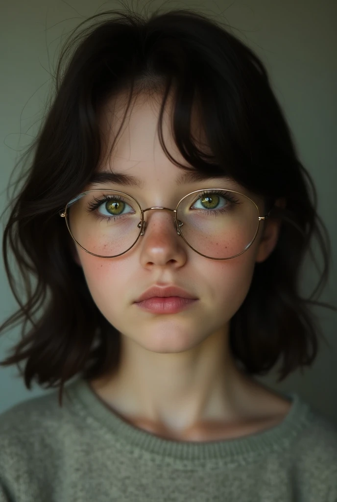 Create a photograph of an American girl with lenses,  shoulder length hair black, white skin and green eyes with freckles 