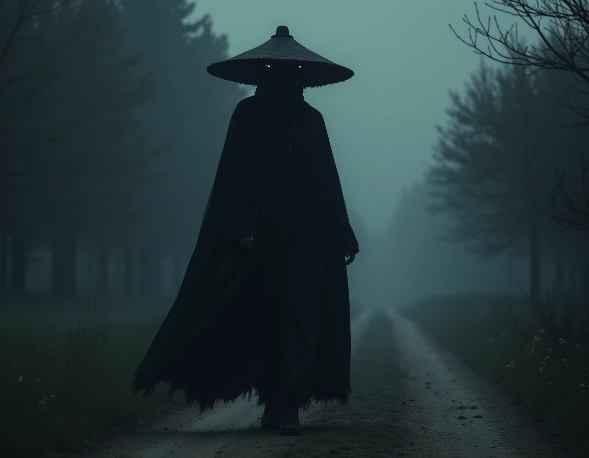  The Sombrerón is a specter dressed in black ,  with a huge hat that hides their face .  He appears on rural roads during dark nights , following those who walk alone .  His tall and somber figure moves quickly through the shadows,  causing intense cold an...