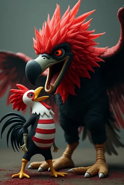 Flamengo mascot mascot with an evil face swallowing the Atlético Mineiro mascot that looks scared with fear. It is worth mentioning that Flamengos mascot is a vulture and Atlético Mineiros mascot is a Rooster please also keep the colors of each