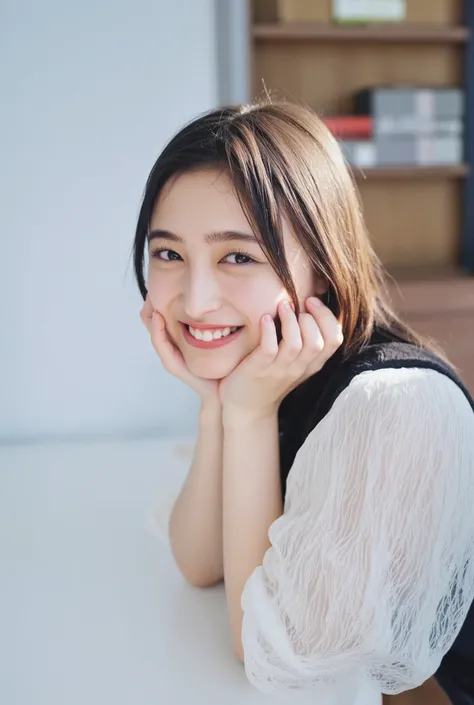 At school, they wear a blouse with a loose chest, stand with their elbows on the desk, hold their cheeks with their hands, and face the front with a smile、Angle of view is from above