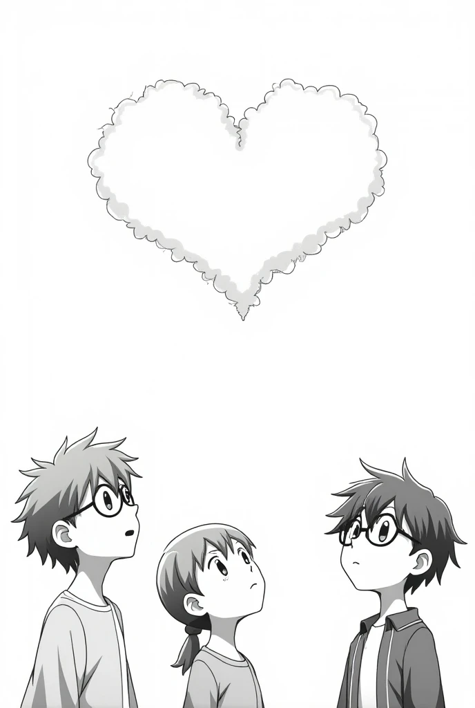 3 teenagers, 2 boys and 1 girl. 2 boys and 1 girl wear glasses. Theyre looking at heart-shaped cloud. Anime style like black and white manga