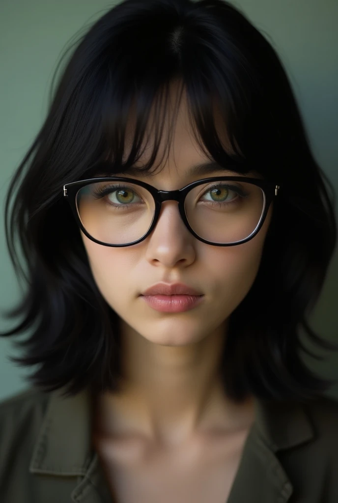  Create a photograph of an American girl with lenses, shoulder-length black hair without bangs , piel Blanca,  green eyes, parts