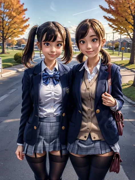 Two Women. (8k)  two women  .bag wear a key ring.  autumn .navy  blazer uniform  . sky  .selfee. earring . ( tights)pigtails