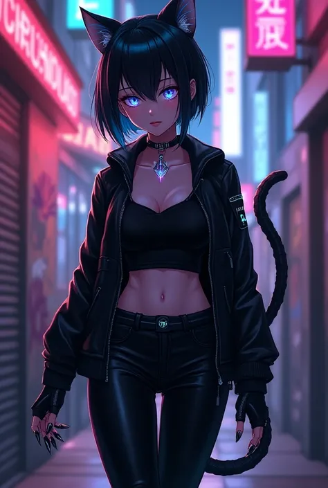 A sleek and stylish cybernetic catgirl strides through a neon-lit urban landscape, her cyberpunk-inspired features blending perfectly with her feline nature. Her sleek skin has subtle cybernetic lines tracing along her neck and arms, glowing faintly in the...