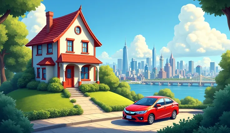 A beautiful house over view with a Honda city car Disney animation pixers in modernate city