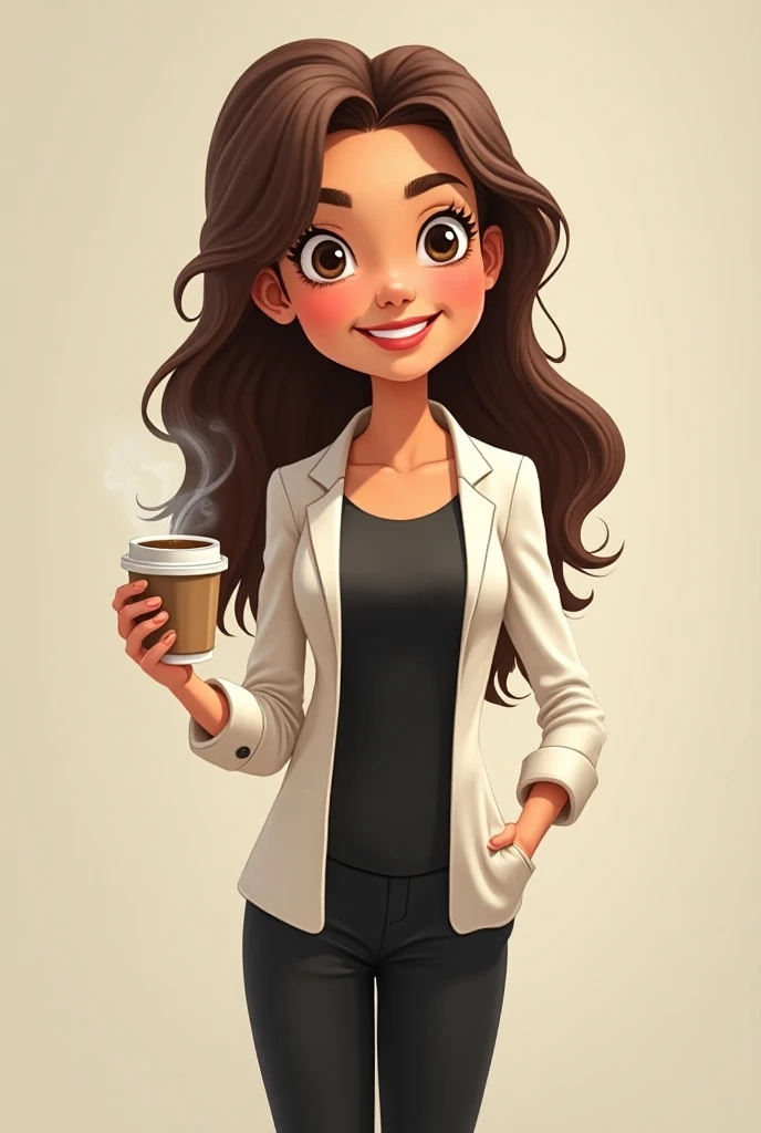  I need a cartoon of a woman with long hair up to her elbows,  loose hair, jumpsuit with coffee , con sonrisa bonita,  dressed in black pants and a white coat , She is a teacher