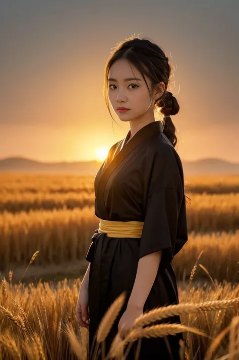  A girl in a kimono is expressionless and stands in a wheat field soaked to her waist, Black kimono with gold borders, Hair tied in a ponytail,  yellow eyes, The sunset in her eyes, The light hits her face, Half landscape orientation to the camera