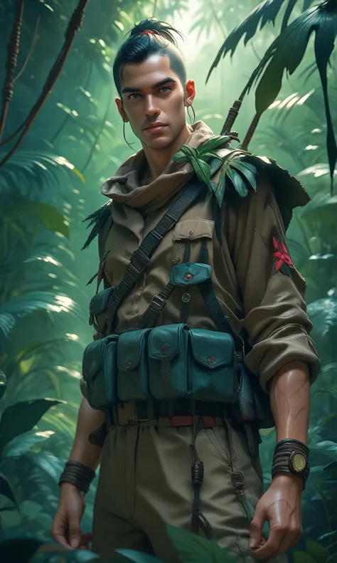 commando standing in the middle of the jungle, night, flashes in the background, elements of  military style