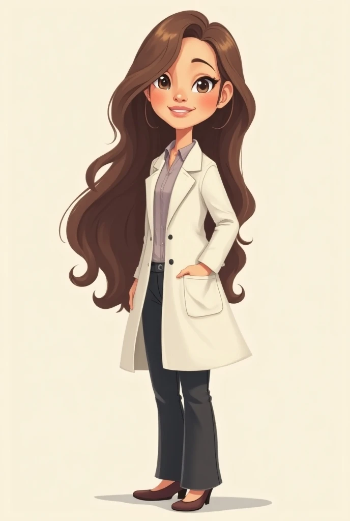  I need a cartoon of a woman with long hair up to her elbows,  loose hair, Mona colored with a pretty smile,  dressed in black pants and a white coat , She is a teacher