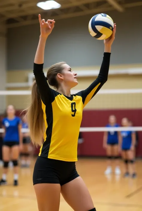 A female volleyball player in a yellow and black jersey with the number 9, preparing to serve in an indoor volleyball court. She has her arm raised, holding a volleyball, ready to initiate the serve with focus and concentration. Her long hair is tied back,...