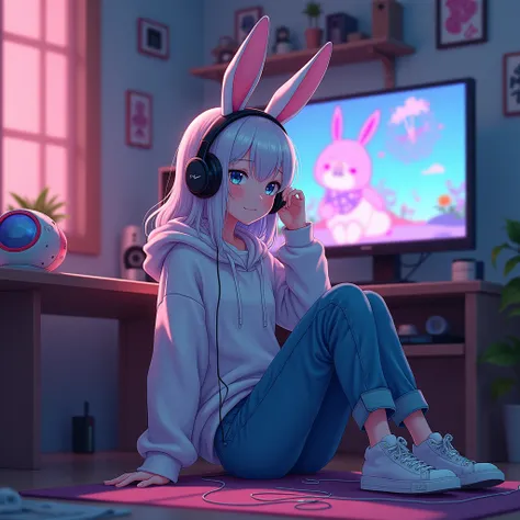 Anime bunny girl sitting on gaming room listining song wearing hoodie jeans and shoes and holding her headphons 