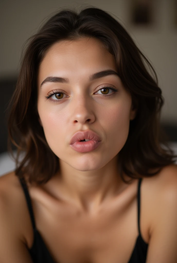 brunette, 29 year old woman, duck face, face kiss, realistic face