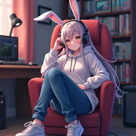 Anime full body bunny girl sitting on gaming room in chair listining song wearing hoodie jeans and shoes and holding her headphons 